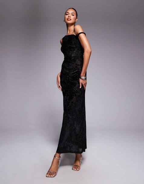 Kaiia exclusive devore off shoulder twist maxi dress in black - view 1