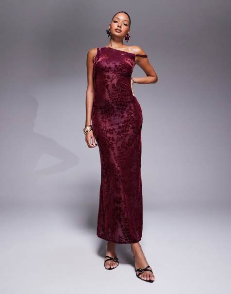 Kaiia exclusive devore off the shoulder twist maxi dress in burgundy - view 1