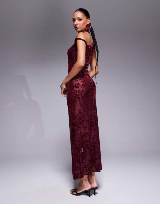 Kaiia exclusive devore off the shoulder twist maxi dress in burgundy 