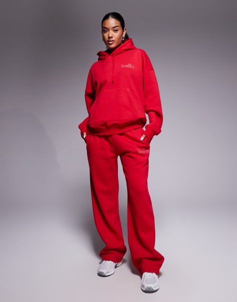 Kaiia Exclusive diamante logo oversized hoodie and wide leg sweatpants set in red - view 1