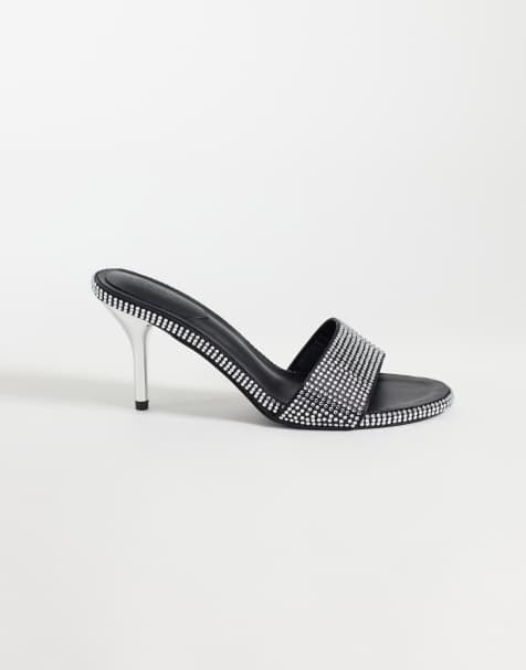 Kaiia exclusive diamante mule heel in black and silver - view 1