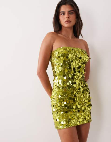Kaiia exclusive disc sequin bandeau mini dress in lime - view 1