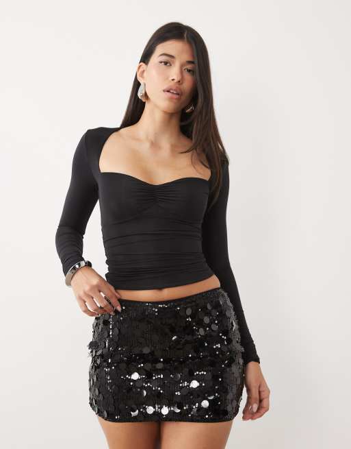 Kaiia exclusive disc sequin mid waist mini skirt in black, 2 of 5