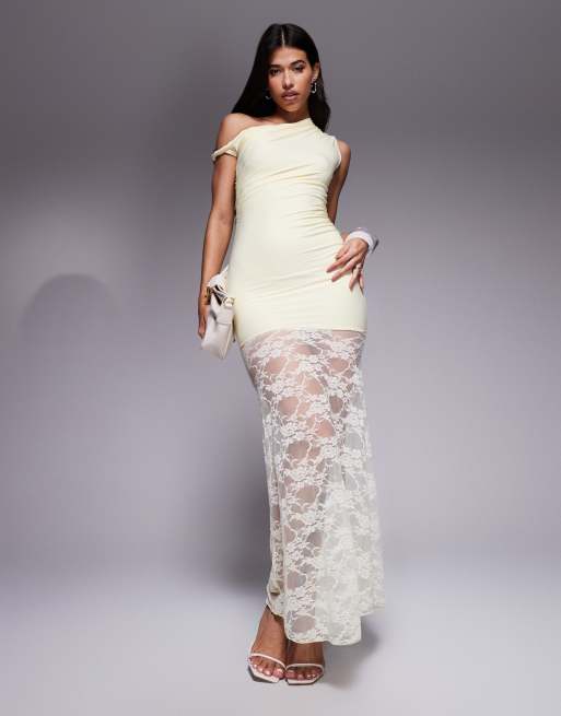 Kaiia Exclusive – Dopasowana dwuwarstwowa cytrynowa sukienka maxi bodycon z odsłoniętym ramieniem, skręconym ramiączkiem i koronkową spódnicą  