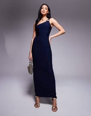 Kaiia - Exclusive - Doppellagiges, figurbetontes Maxikleid in Marineblau mit One-Shoulder-Träger und Ringdetail aus Meta...