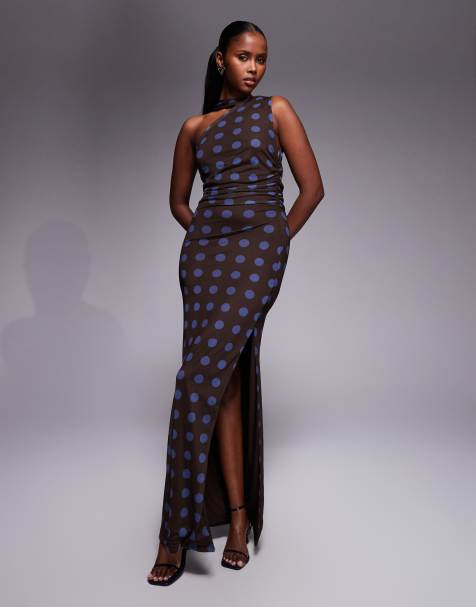 Kaiia – Exclusive – Doppellagiges, figurbetontes One-Shoulder-Maxikleid aus Netzstoff in Braun mit Polka Dots in Blau und Schaldetail, Kombiteil - view 1