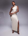 [Kaiia] Kaiia exclusive double-layered metallic slinky one-shoulder scarf detail maxi dress in gold 6 GOLD