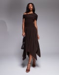 [Kaiia] Kaiia exclusive double layered slinky asymmetric drape detail drop waist fairy hem maxi dress in chocolate-Brown 6 Chocolate