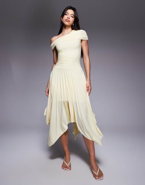 Kaiia exclusive double layered slinky asymmetric drape detail drop waist fairy hem maxi dress in lemon - view 1