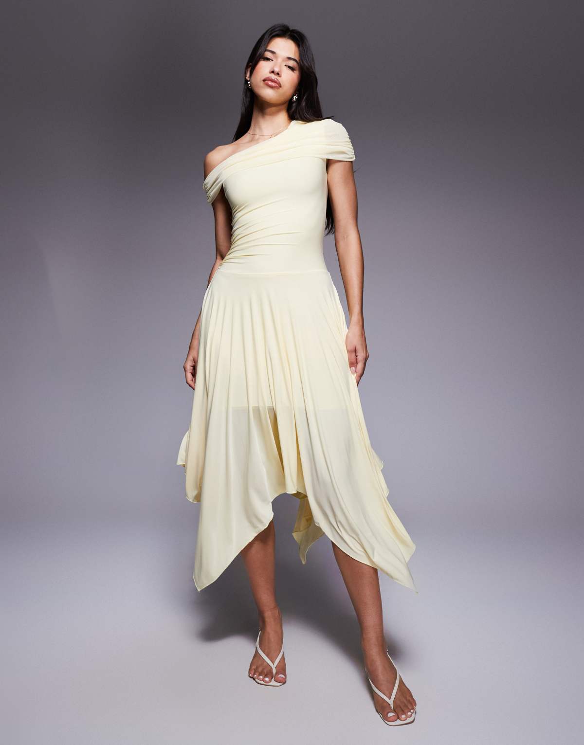 Kaiia exclusive double layered slinky asymmetric drape detail drop waist fairy hem maxi dress in lemon