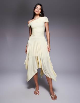 exclusive double layered slinky asymmetric drape detail dropped waist handkerchief hem midi dress in lemon-Yellow