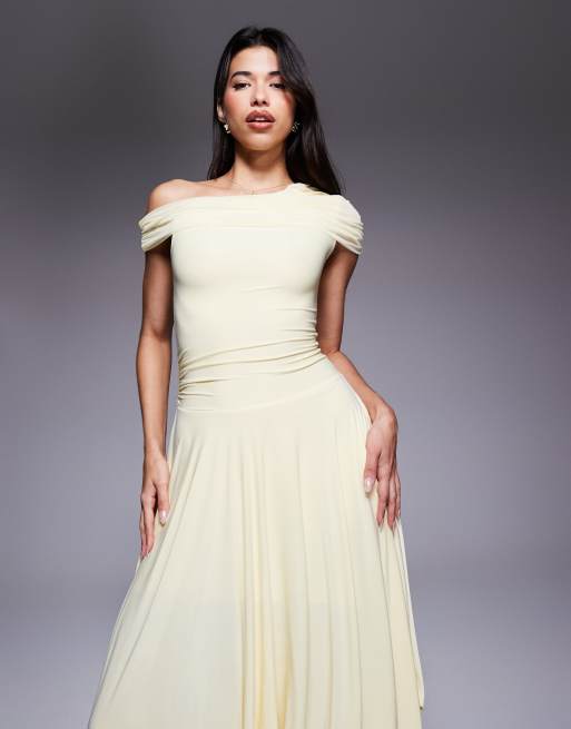 Kaiia exclusive double layered slinky asymmetric drape detail dropped waist handkerchief  hem midi dress in lemon | ASOS