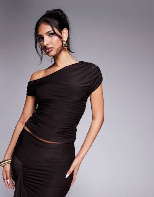 Kaiia Kaiia exclusive double layered slinky asymmetric off shoulder top co-ord in chocolate-Brown