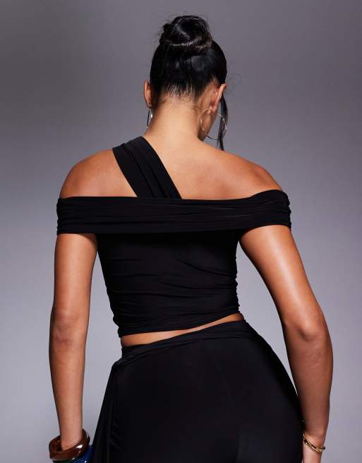 Kaiia exclusive double layered slinky asymmetric one shoulder gold hardware detail top co-ord in black , 2 of 4