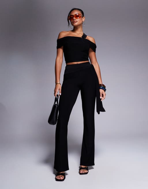 Kaiia exclusive double layered slinky asymmetric one shoulder gold hardware detail top co-ord in black , 4 of 4