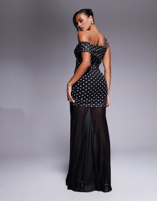 Kaiia exclusive double layered slinky asymmetric one shoulder sheer hem maxi dress in black polka dot 
