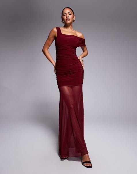Kaiia exclusive double layered slinky asymmetric one shoulder sheer hem maxi dress in burgundy - view 1