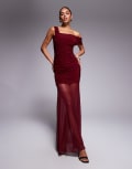 [Kaiia] Kaiia exclusive double layered slinky asymmetric one shoulder sheer hem maxi dress in burgundy 12 BURGUNDY