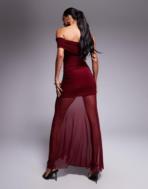 Kaiia exclusive double layered slinky asymmetric one shoulder sheer hem maxi dress in burgundy