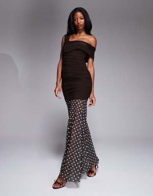 Kaiia Kaiia exclusive double layered slinky asymmetric one shoulder sheer hem maxi dress in chocolate polka dot-Multi