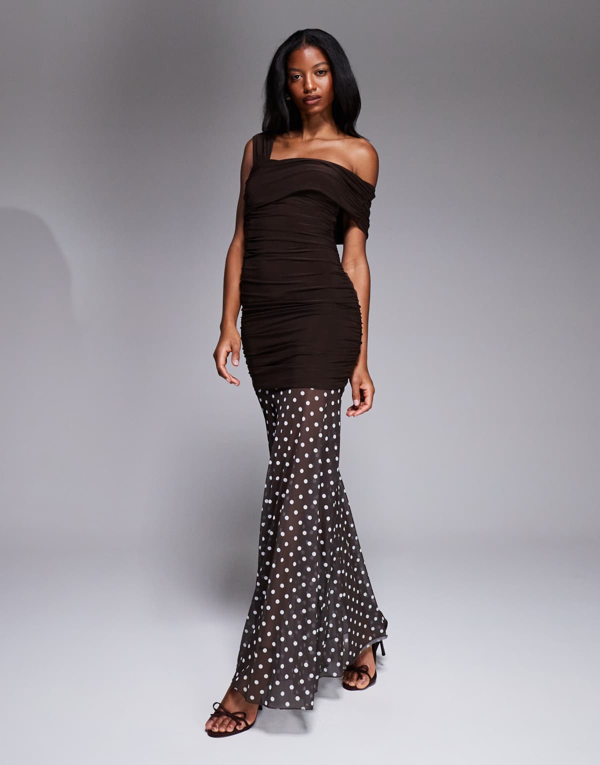Kaiia exclusive double layered slinky asymmetric one shoulder sheer hem maxi dress in chocolate polka dot