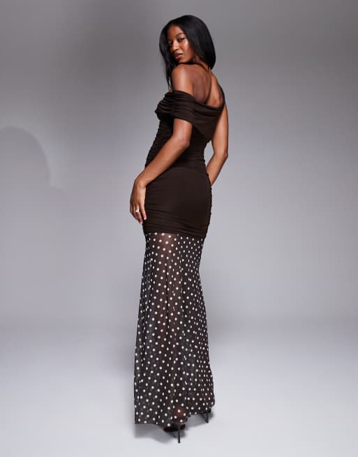 Kaiia exclusive double layered slinky asymmetric one shoulder sheer hem maxi dress in chocolate polka dot, 3 of 4