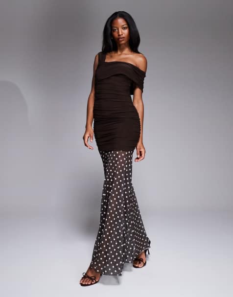 Kaiia exclusive double layered slinky asymmetric one shoulder sheer hem maxi dress in chocolate polka dots - view 1