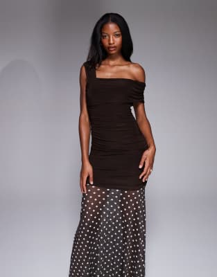 Kaiia Exclusive Double Layered Slinky Asymmetric One Shoulder Sheer Hem Maxi Dress In Multi