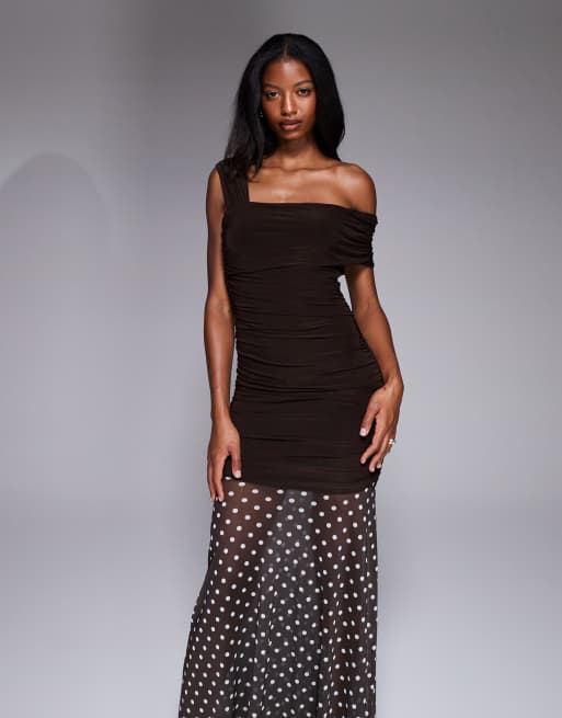 Kaiia exclusive double layered slinky asymmetric one shoulder sheer hem maxi dress in chocolate polka dots