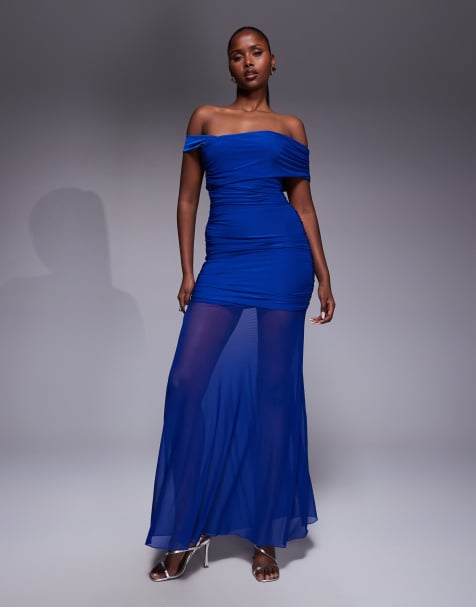 Kaiia exclusive double layered slinky asymmetric one shoulder sheer hem maxi dress in cobalt - view 1