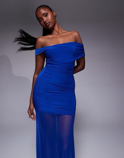 Kaiia exclusive double layered slinky asymmetric one shoulder sheer hem maxi dress in cobalt