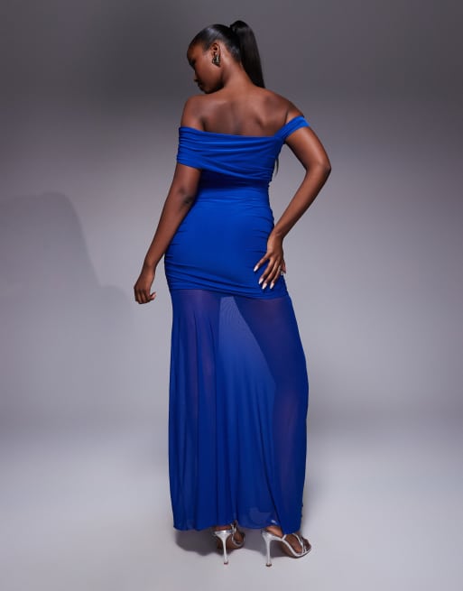 Kaiia exclusive double layered slinky asymmetric one shoulder sheer hem maxi dress in cobalt