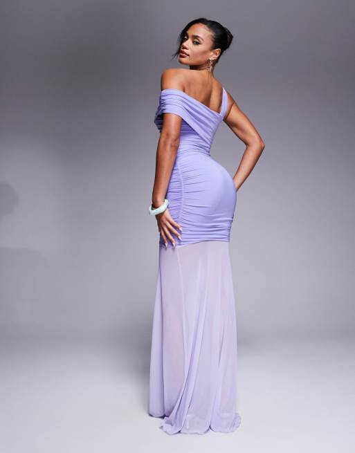 Kaiia Exclusive slinky asymmetric one-shoulder sheer hem maxi dress in lilac