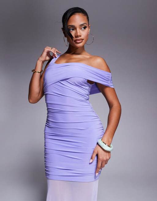 Kaiia Exclusive slinky asymmetric one-shoulder sheer hem maxi dress in lilac