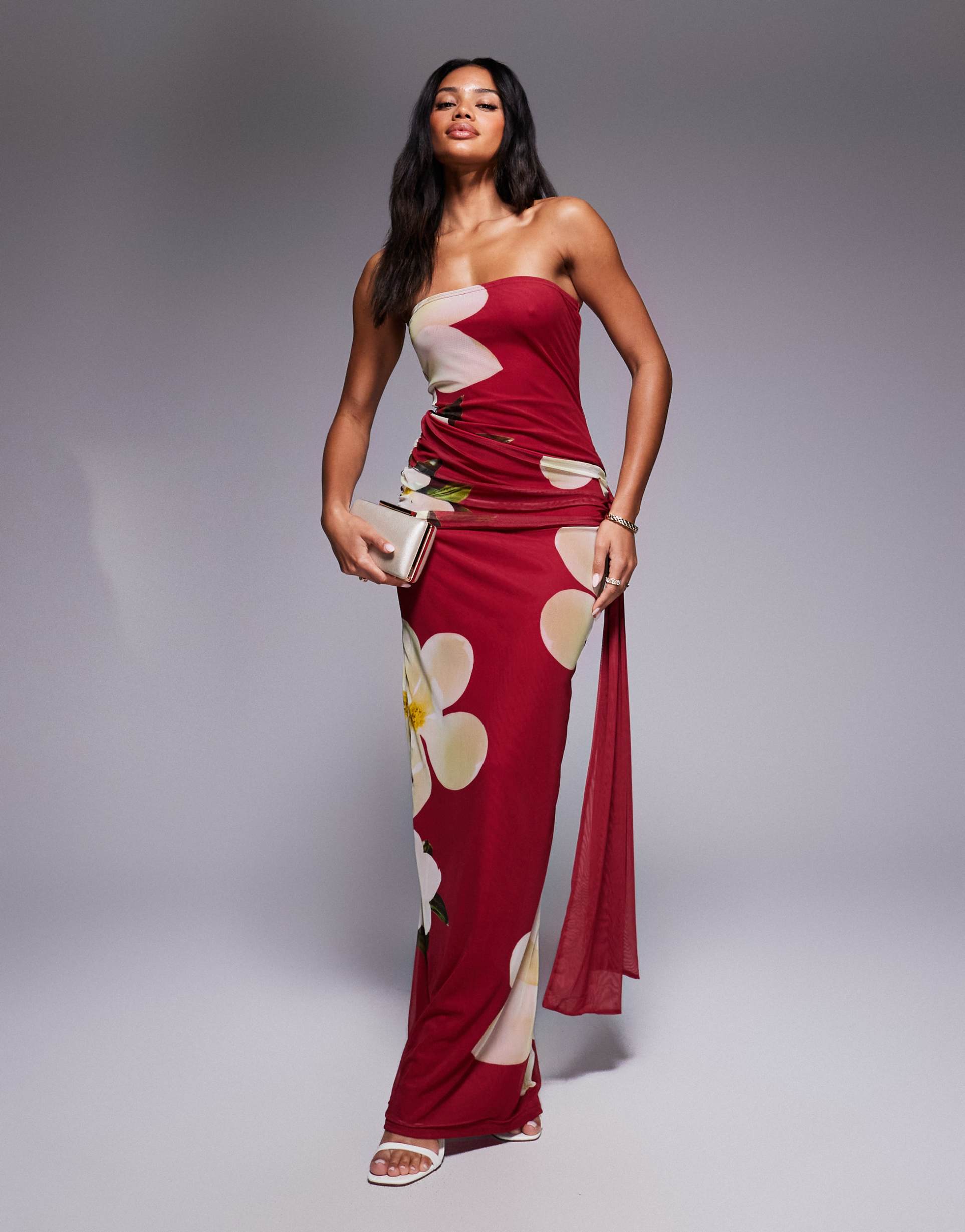 kaiia exclusive double layered slinky bandeau drape tie side maxi dress in red floral