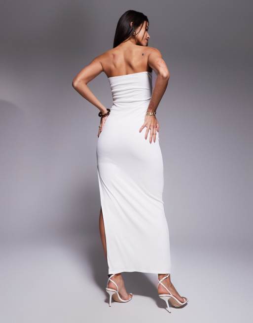 Kaiia exclusive double layered slinky bandeau gold hardware bust detail thigh split maxi dress in cream, 3 of 4