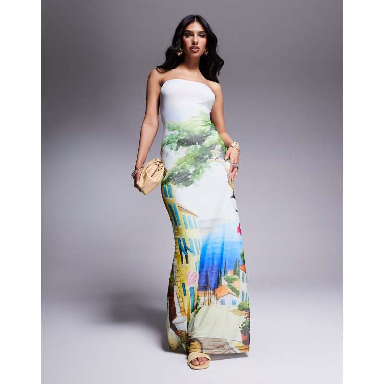 Kaiia exclusive double layered slinky bandeau landscape print maxi dress in  multi | ASOS