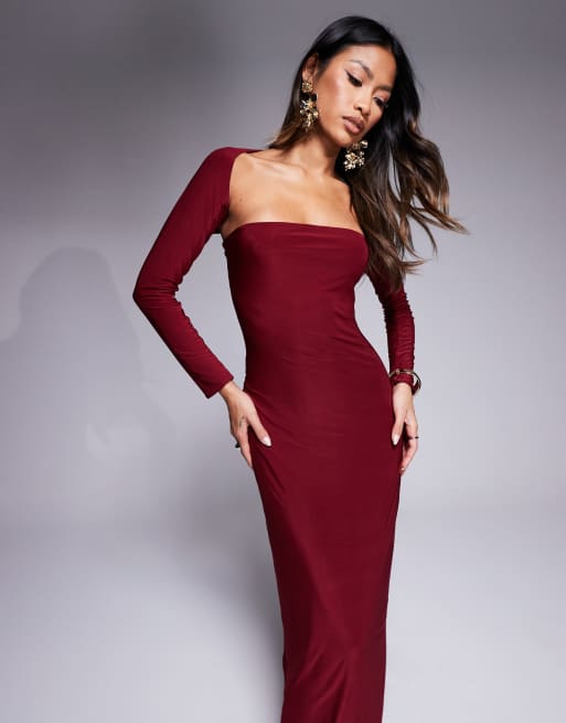 Kaiia exclusive slinky bandeau maxi dress with long sleeve shrug in burgundy 