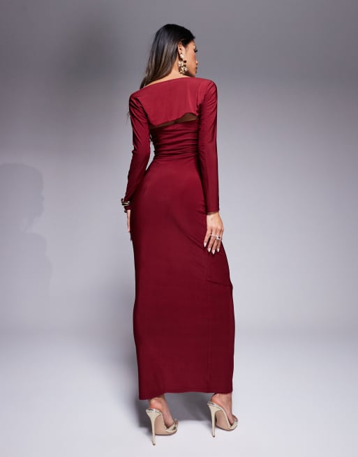 Kaiia exclusive slinky bandeau maxi dress with long sleeve shrug in burgundy 