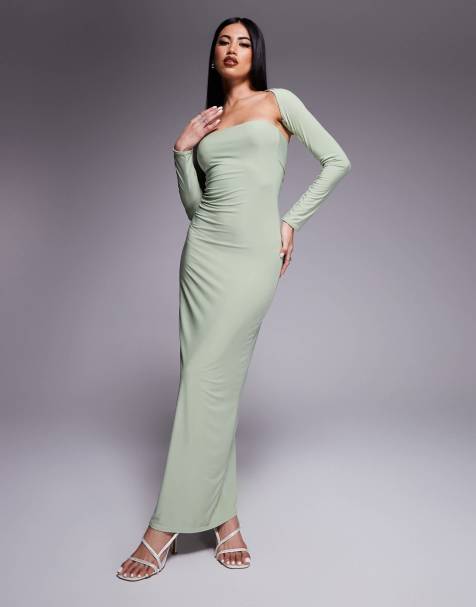 Kaiia exclusive double-layered slinky bandeau maxi dress with long sleeve shrug in sage - view 1