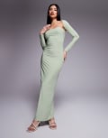 [Kaiia] Kaiia exclusive double-layered slinky bandeau maxi dress with long sleeve shrug in sage-Green 8 Sage green