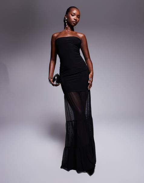 Kaiia exclusive double layered slinky bandeau mesh hem maxi dress in black   - view 1