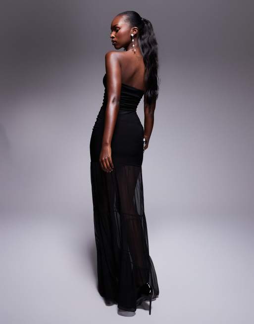 Kaiia exclusive bandeau slinky mesh hem maxi dress in black