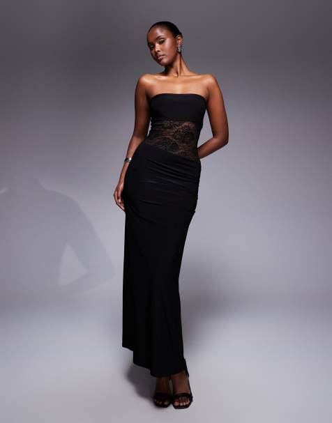 Kaiia exclusive double layered slinky bandeau sheer lace panel maxi dress in black - view 1