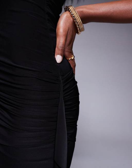 Kaiia exclusive double layered slinky bandeau twist bust detail waist drape detail mini dress in black  , 3 of 4