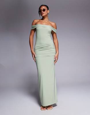 exclusive double layered slinky bardot gathered waist detail maxi dress in sage-Navy
