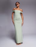 [Kaiia] Kaiia exclusive double-layered slinky Bardot gathered waist detail maxi dress in sage-Navy 8 Sage green