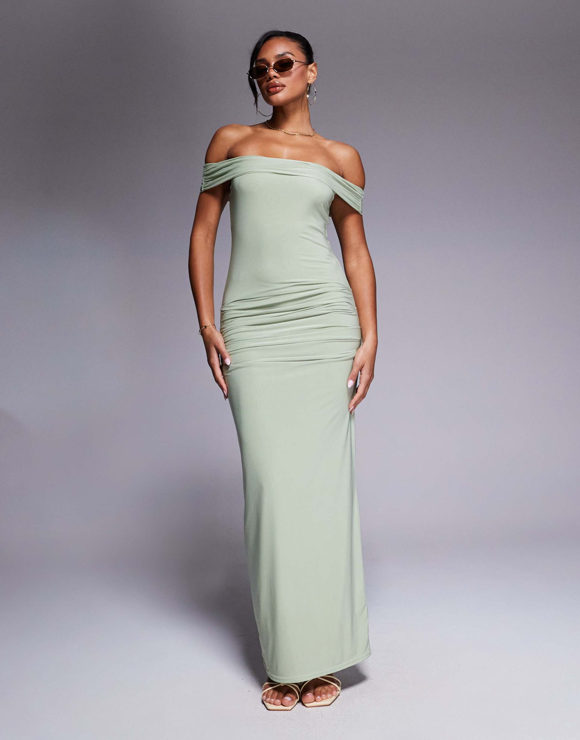 kaiia exclusive double layered slinky bardot gathered waist detail maxi dress in sage