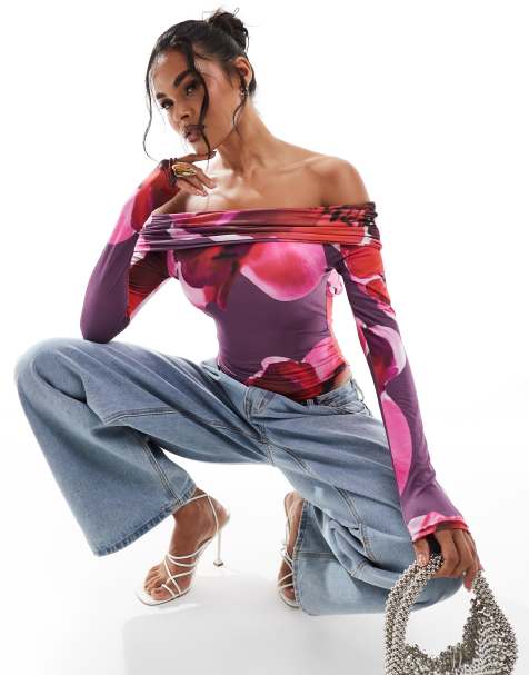 Kaiia exclusive double layered slinky bardot open back long sleeve body in dark purple print - view 1