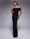 [Kaiia] Kaiia exclusive double-layered slinky Bardot ruched skirt waist-drape detail maxi dress in black 6 BLACK